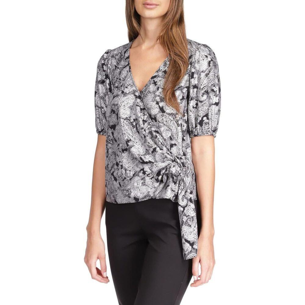 NWT Metallic Foil Paisley Black Silver Faux Wrap Blouse Top Short Sleeve Women M